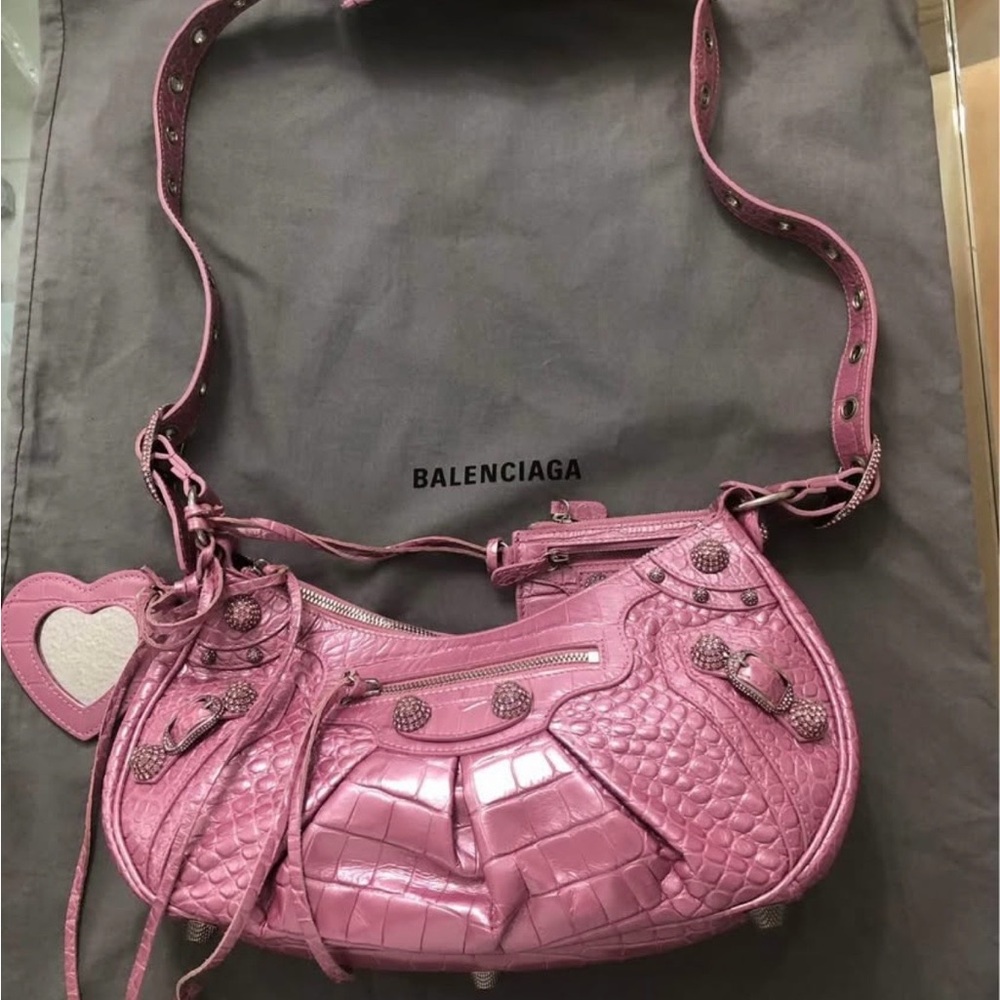 Balenciaga Le Cagole Pink Croc-Embossed Shoulder Bag